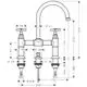 Zwei-Griff-Waschtischarmatur von AXOR mit Kreuzgriffen und Zugstangen-Ablaufgarnitur in Chrom. Technische Abmessungen sind im Diagramm dargestellt.